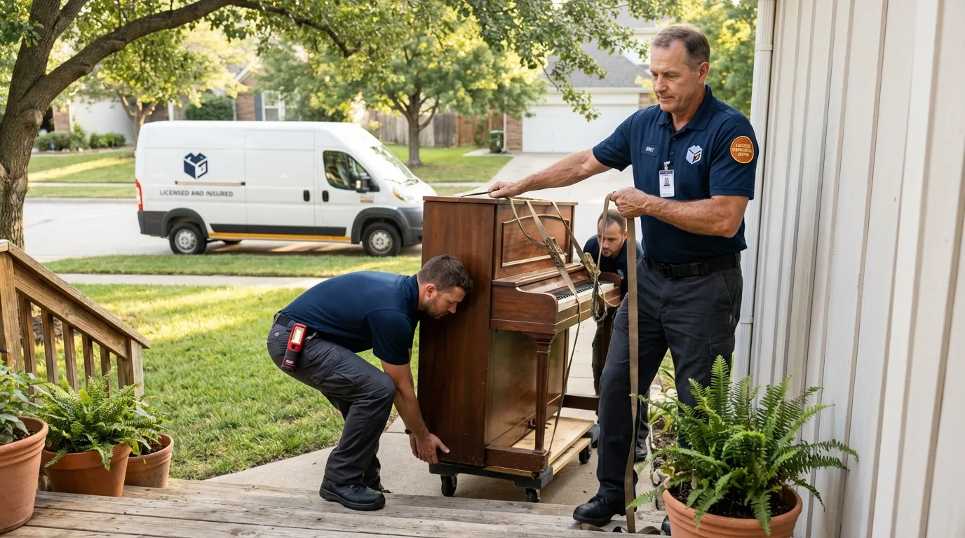 Licensed piano movers securing grand piano in West Point, NY