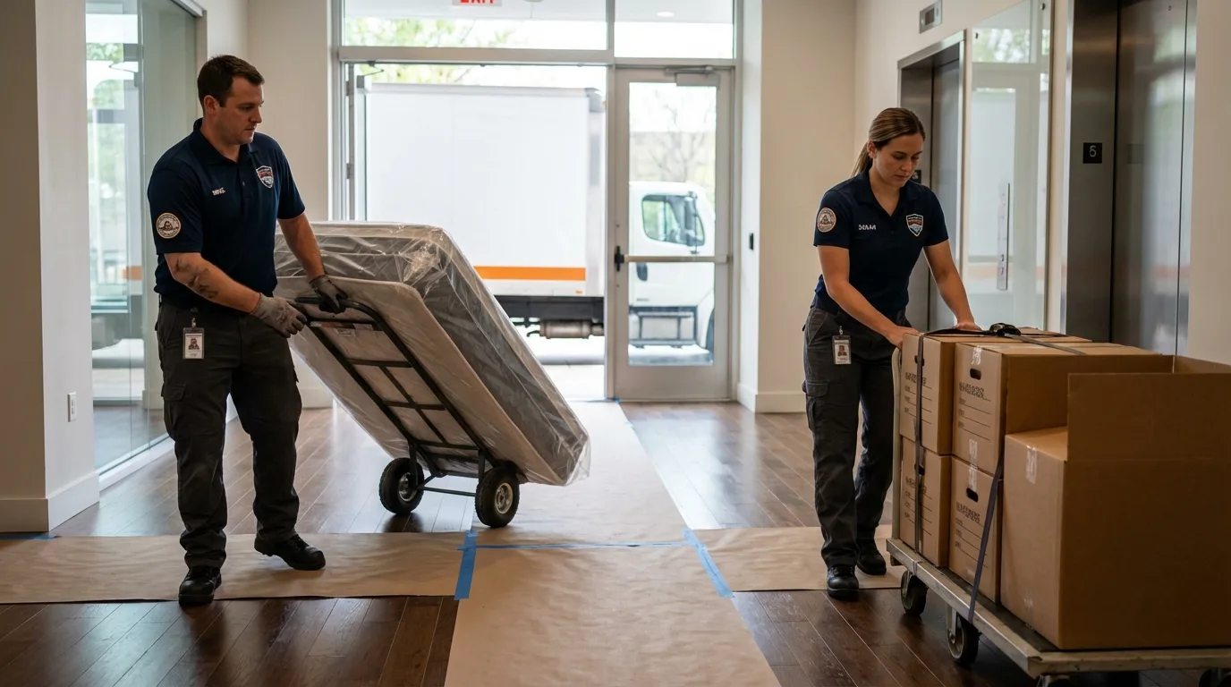 Professional apartment movers loading elevator in West Point, NY