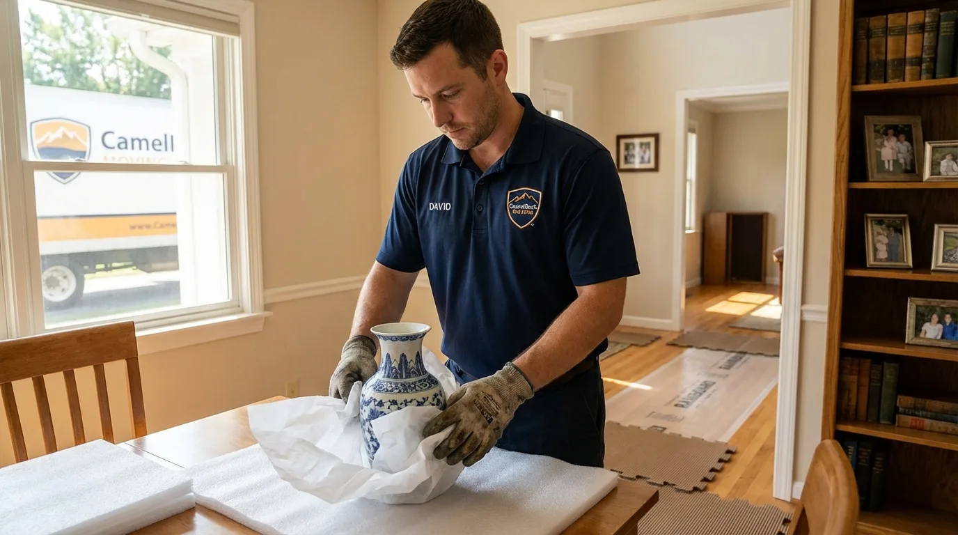 Professional crew carefully wrapping antique vase for senior downsizing move in West Point, NY