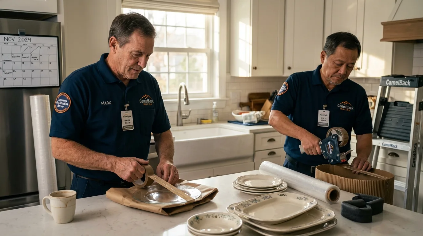 Professional crew packing kitchen dishware in West Point, NY
